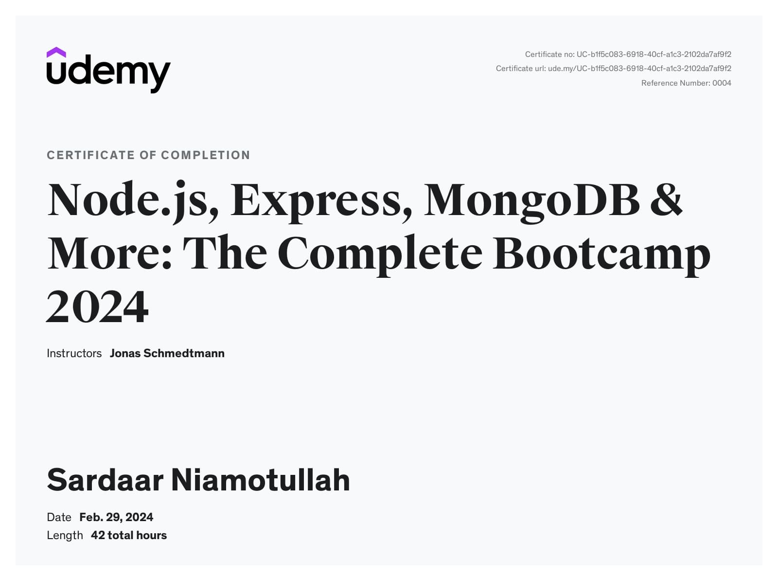 Node.js, Express, MongoDB & More: The Complete Bootcamp certificate