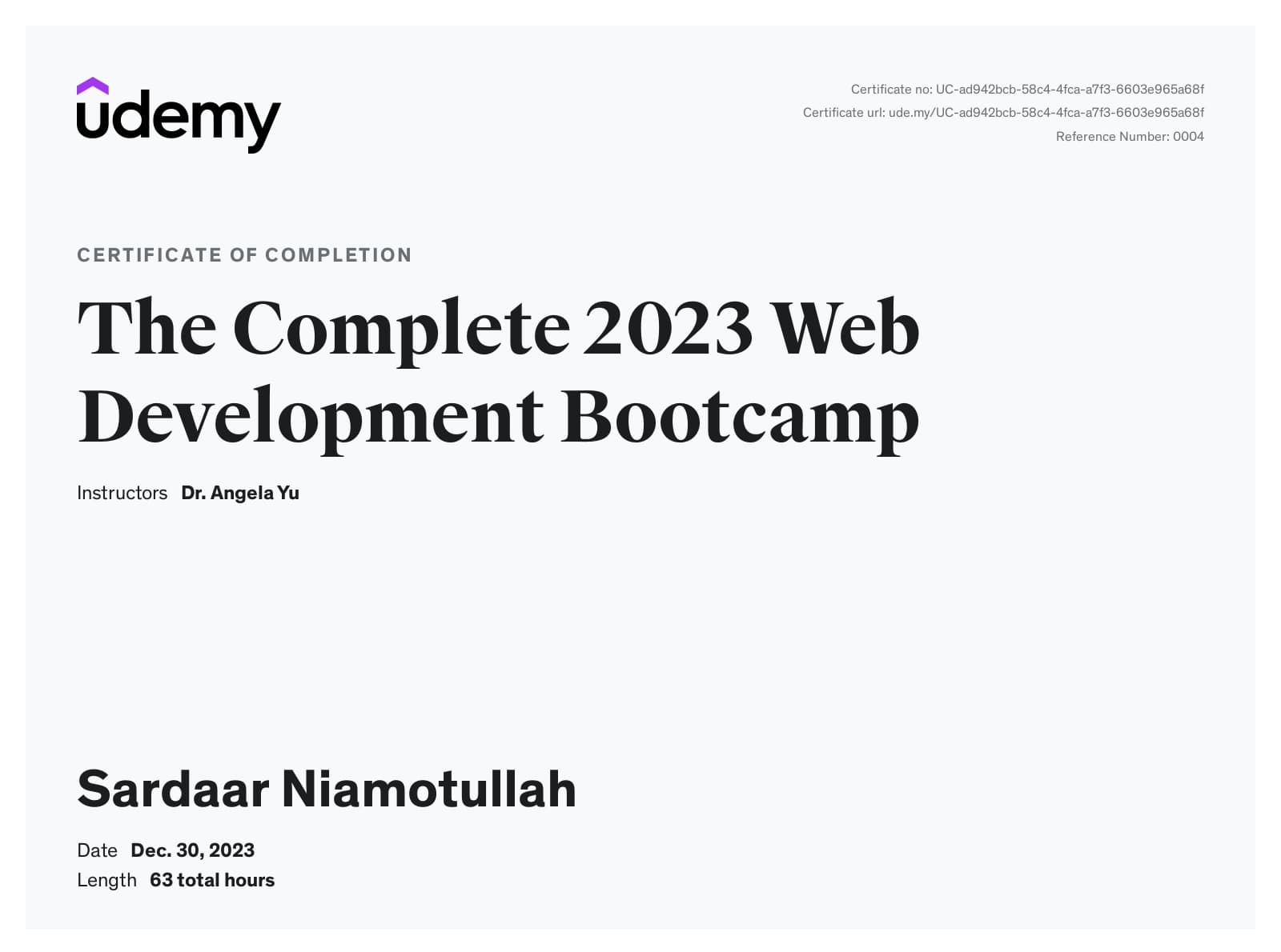 The Complete 2023 Web Development Bootcamp certificate